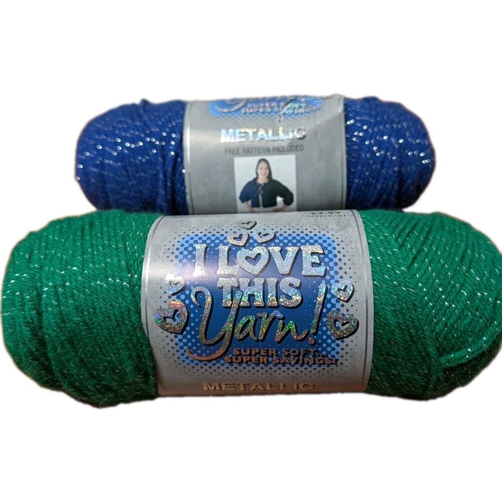 I Love This Yarn Metallic,#744 Jelly Bean Green, #740 Royalty Blue. 252 Yd Skien